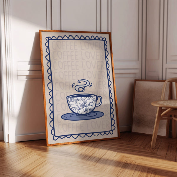 A framed art print leaning against a white paneled wall on a wooden floor.
