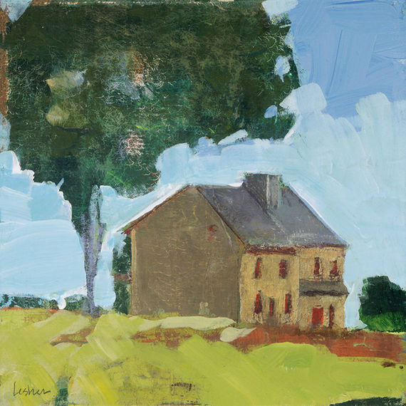An impressionistic painting of a small house with a dark gray roof, set in a bright yellow-green field under a blue sky with white clouds and a large dark green tree.