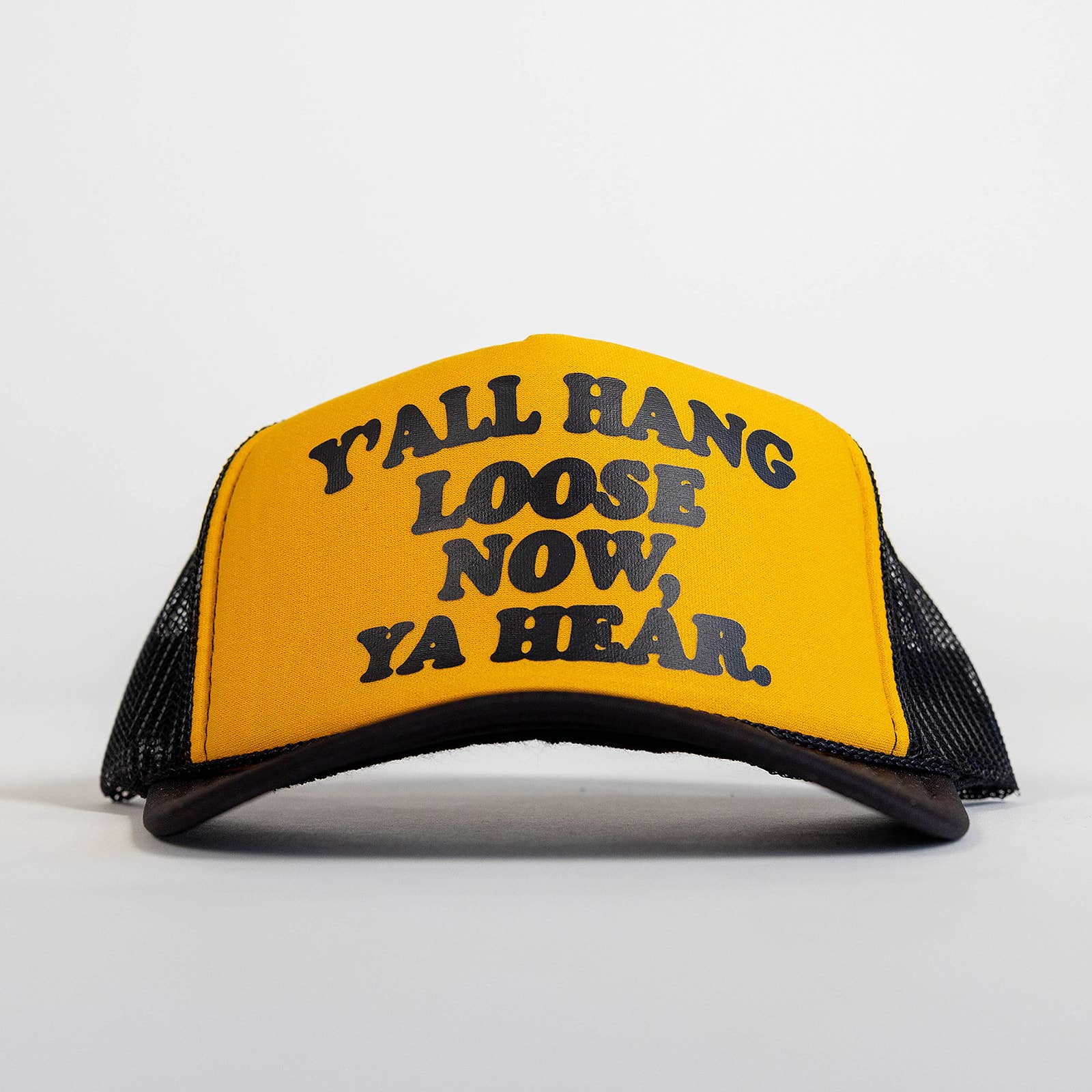 Y'ALL HANG LOOSE TRUCKER HAT: BLACK/GOLD/BLACK