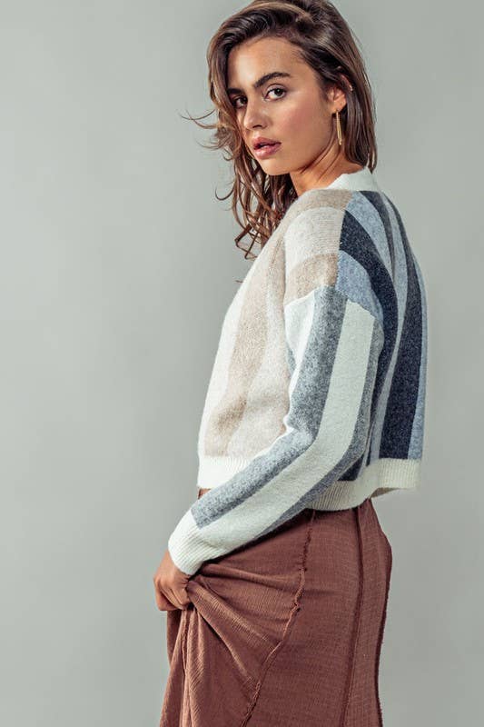 CLUSTER COLOR STRIPE CARDIGAN - GREY/TAUPE