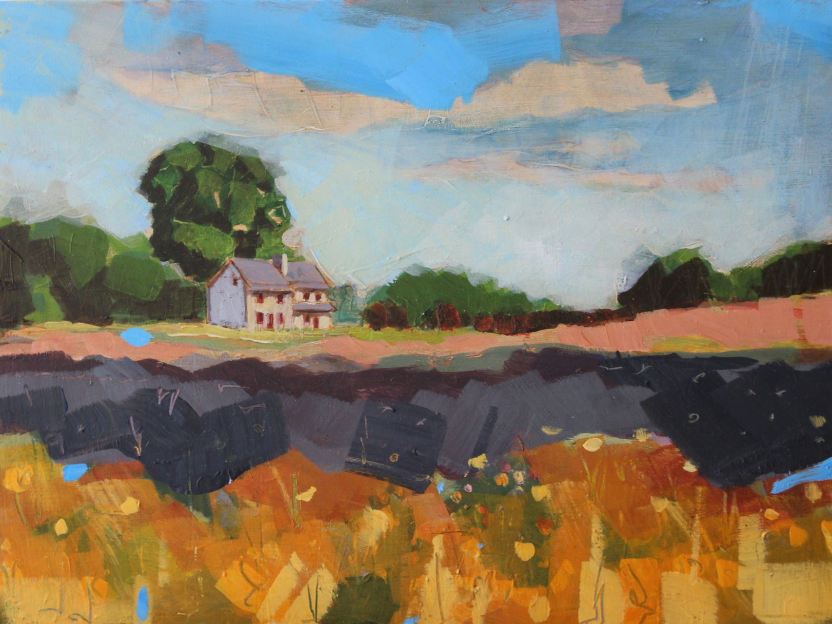 An expressive landscape painting featuring a small house nestled among green trees, with a blue sky above and a foreground of warm orange, yellow, and dark earthy fields.
