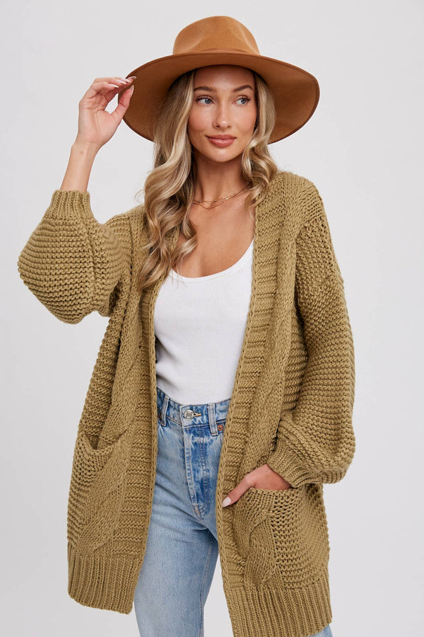 CHUNKY CABLE LANTERN SLEEVE CARDIGAN