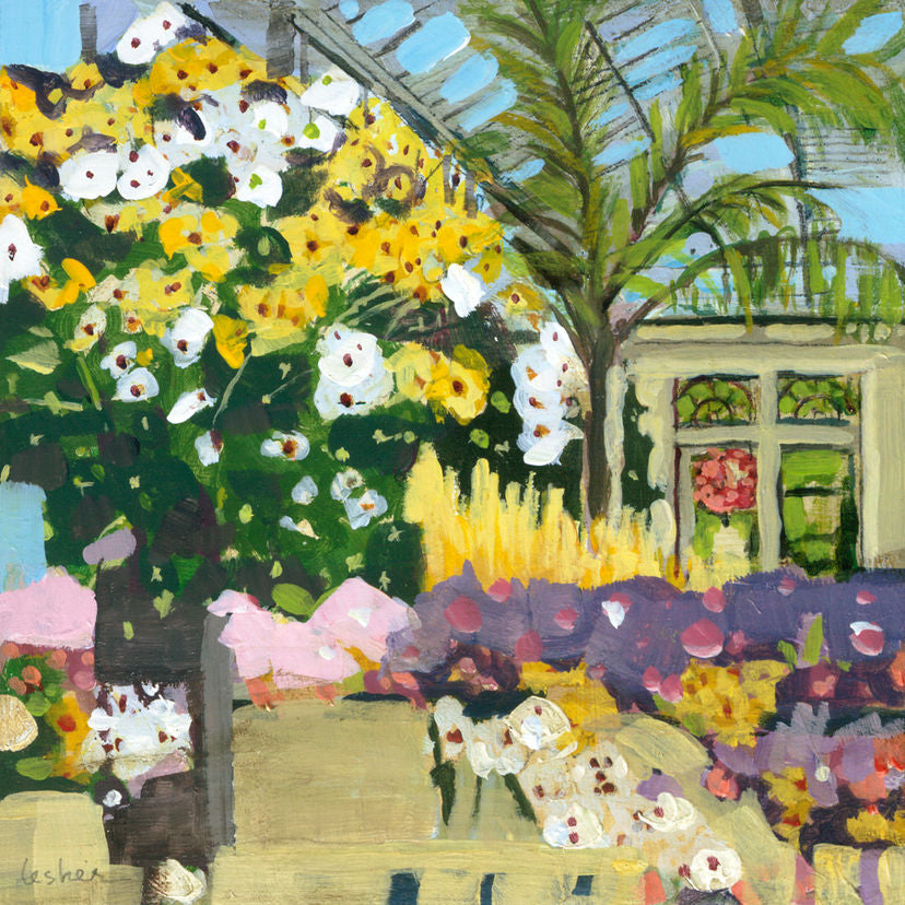 Impressionistic oil painting of a lush garden conservatory scene with vibrant yellow and white flowers, a palm tree, purple foliage, and a glass roof structure.