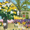 Impressionistic oil painting of a lush garden conservatory scene with vibrant yellow and white flowers, a palm tree, purple foliage, and a glass roof structure.