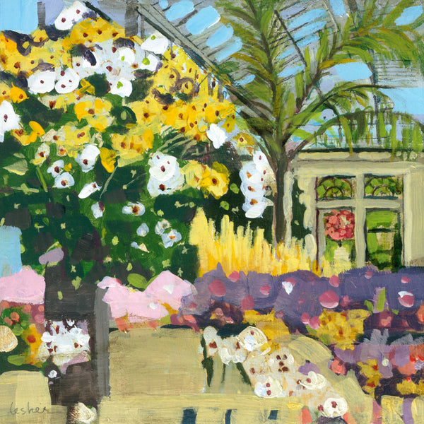 Impressionistic oil painting of a lush garden conservatory scene with vibrant yellow and white flowers, a palm tree, purple foliage, and a glass roof structure.