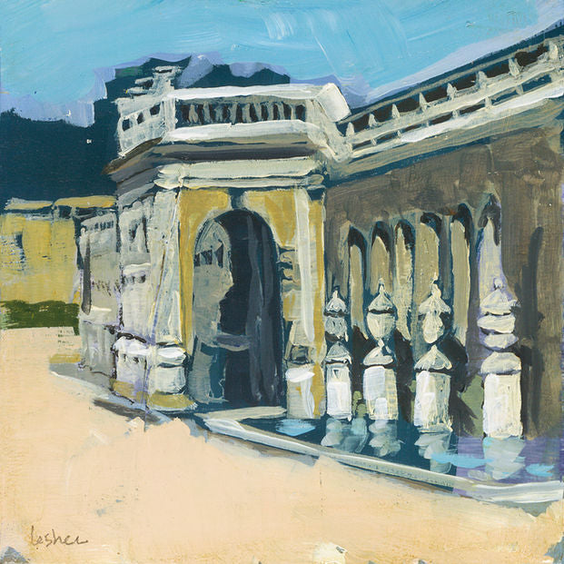 An impressionistic painting of an architectural courtyard scene with arches, columns, a fountain-like pool, and a pale blue sky. The brushwork uses blue, beige, brown, white, and black tones, and a signature appears in the lower-left corner.