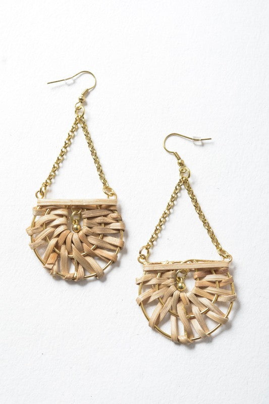 WOVEN RATTAN DROP CHAIN HOOK EARRING