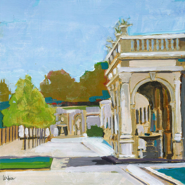 An impressionistic painting of an outdoor architectural scene with a large classical-style colonnade, arches, trees, and a pale blue sky. The artwork uses broad brushstrokes in blue, green, beige, brown, and white, with no visible frame or wall context beyond the painted scene itself.