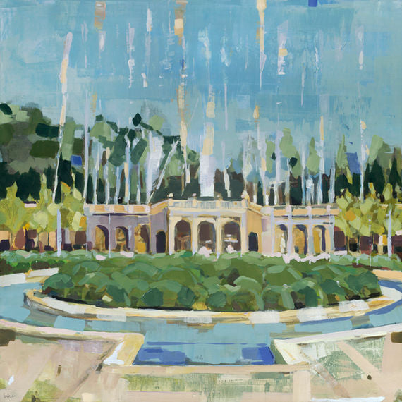 An impressionistic painting of a garden pavilion with a central fountain, rendered in blue, green, beige, and white brushstrokes.