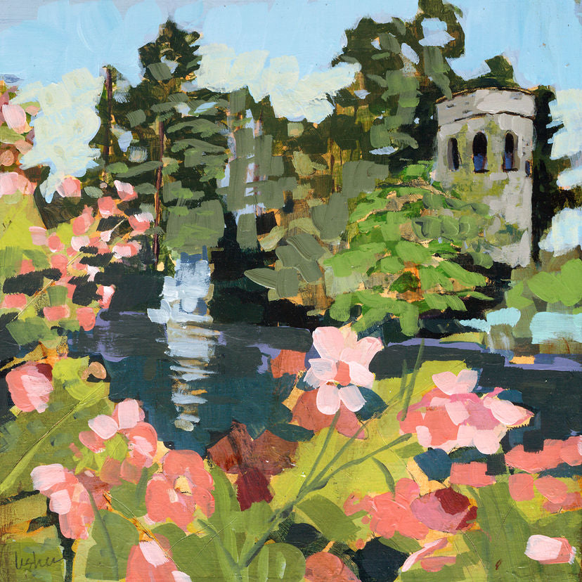 An impressionistic painting of a garden scene with pink flowers in the foreground, a dark reflective pond, tall green trees, and a light stone tower in the background under a pale blue sky.