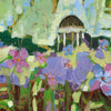 An impressionistic painting of a garden scene with purple and pink flowers, green foliage, and a white columned structure under a pale blue sky. The brushstrokes are expressive and textured, filling the entire frame.