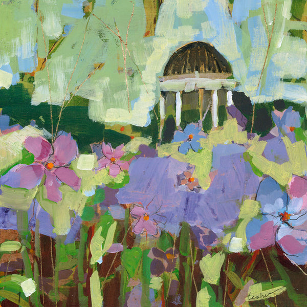 An impressionistic painting of a garden scene with purple and pink flowers, green foliage, and a white columned structure under a pale blue sky. The brushstrokes are expressive and textured, filling the entire frame.