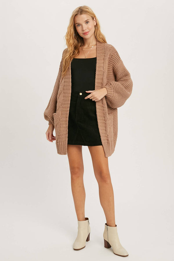 CHUNKY CABLE LANTERN SLEEVE CARDIGAN