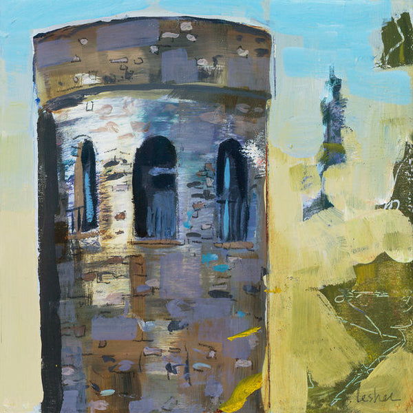 An abstract painting of a tower-like structure with arched openings, rendered in textured brushstrokes of blue, beige, brown, gray, and yellow-green.