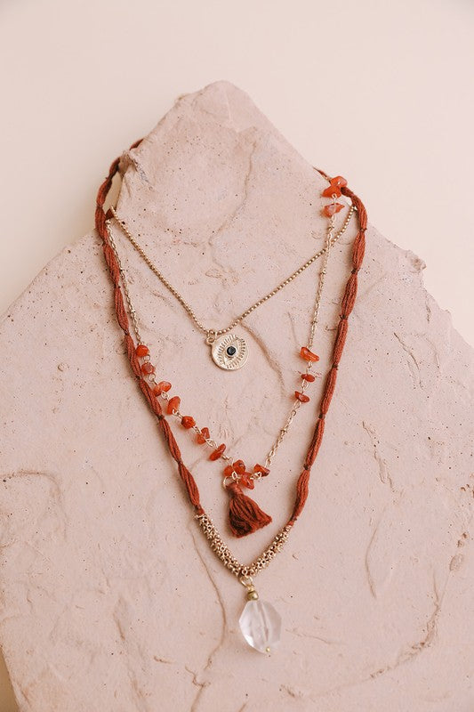 CARNELIAN & CRYSTAL DROP MULTI LAYERED NECKLACE