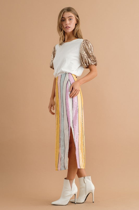 MULTI STRIPE SEQUIN SIDE SLIT MIDI PENCIL SKIRT