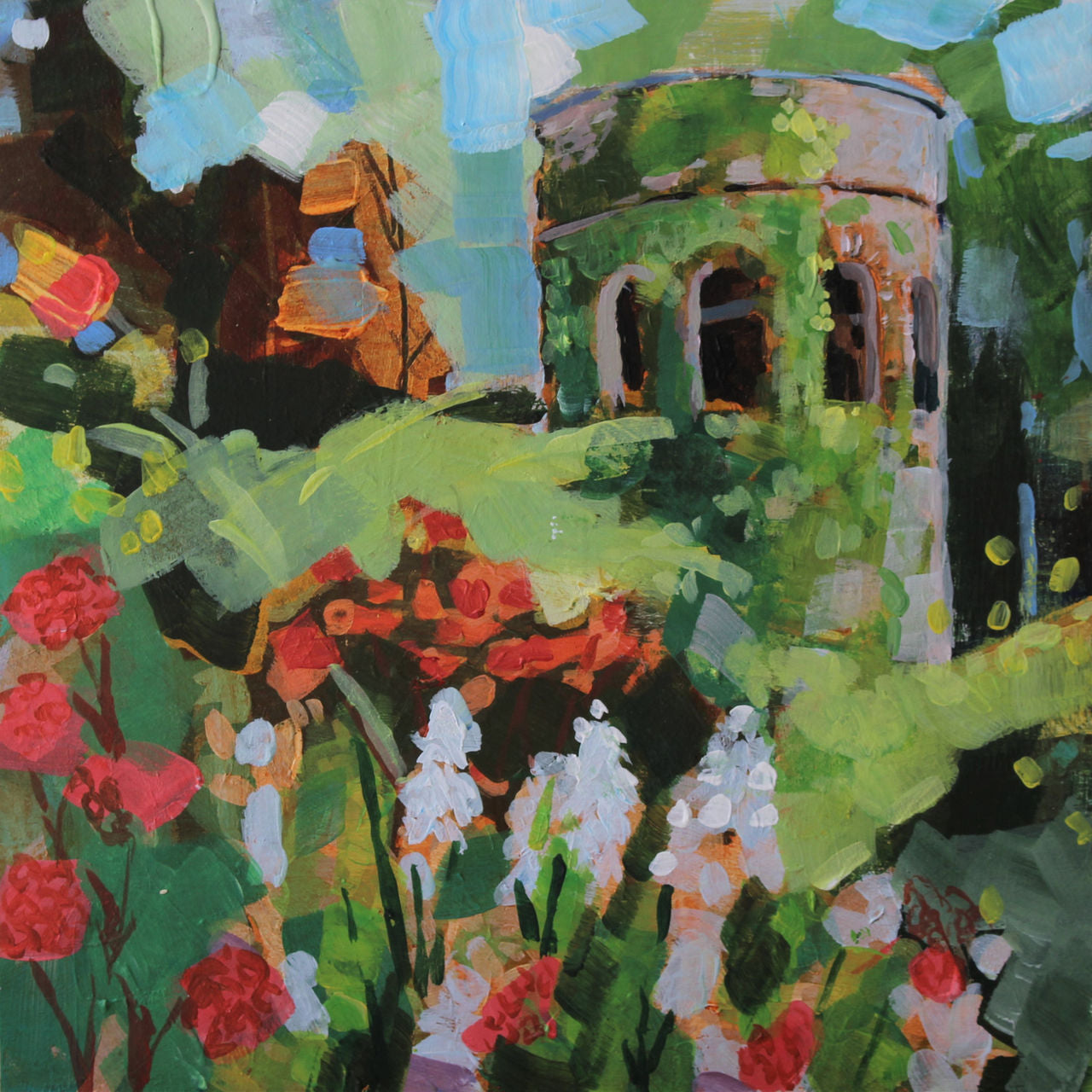 An impressionistic oil painting of a garden scene featuring a green stone tower, lush foliage, red and white flowers, and blue sky highlights.