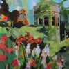 An impressionistic oil painting of a garden scene featuring a green stone tower, lush foliage, red and white flowers, and blue sky highlights.
