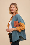 DARK COLOR BLOCK COTTON GAUZE BUTTON DOWN SHIRT