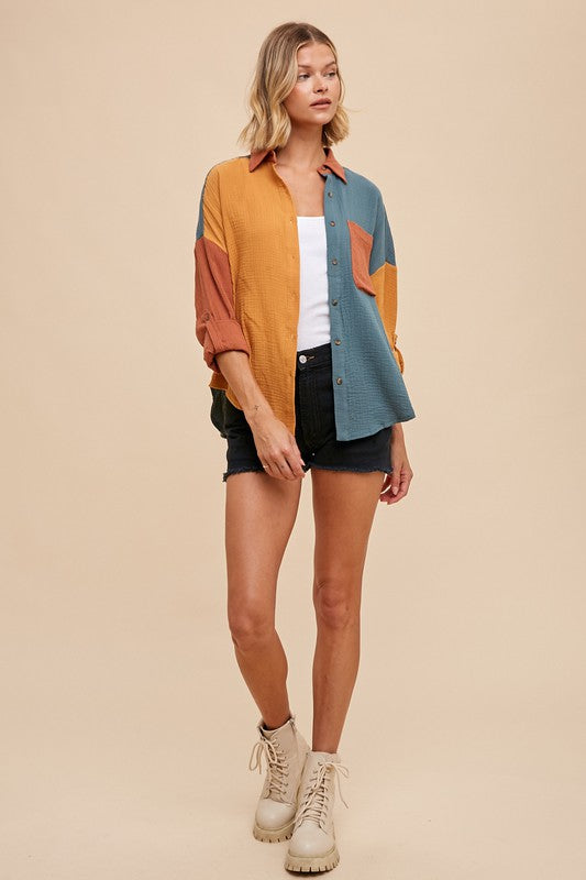 DARK COLOR BLOCK COTTON GAUZE BUTTON DOWN SHIRT