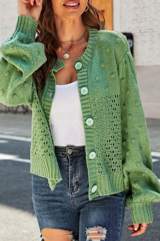 POMPOM PUFF SLEEVE CARDIGAN