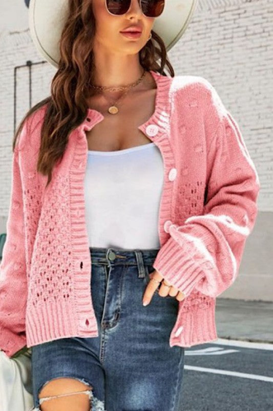 POMPOM PUFF SLEEVE CARDIGAN