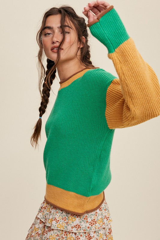 SALE-GREEN COLOR BLOCK RIBBED KNIT SWEATER