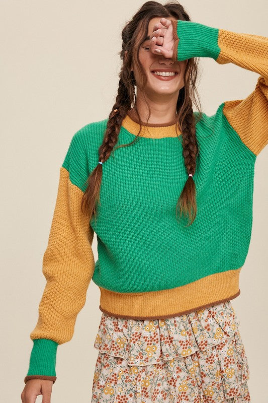 SALE-GREEN COLOR BLOCK RIBBED KNIT SWEATER