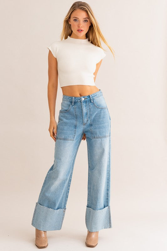 HIGH WAISTED WID LEG CUFFED JEANS