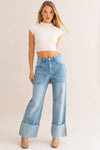 HIGH WAISTED WID LEG CUFFED JEANS