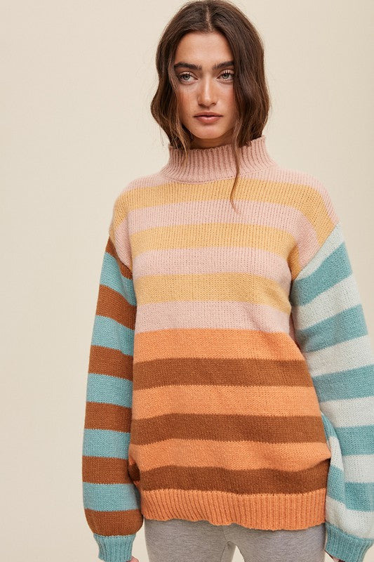 STRIPED APRICOT COLOR BLOCK MOCK NECK LOOSE FIT SWEATER