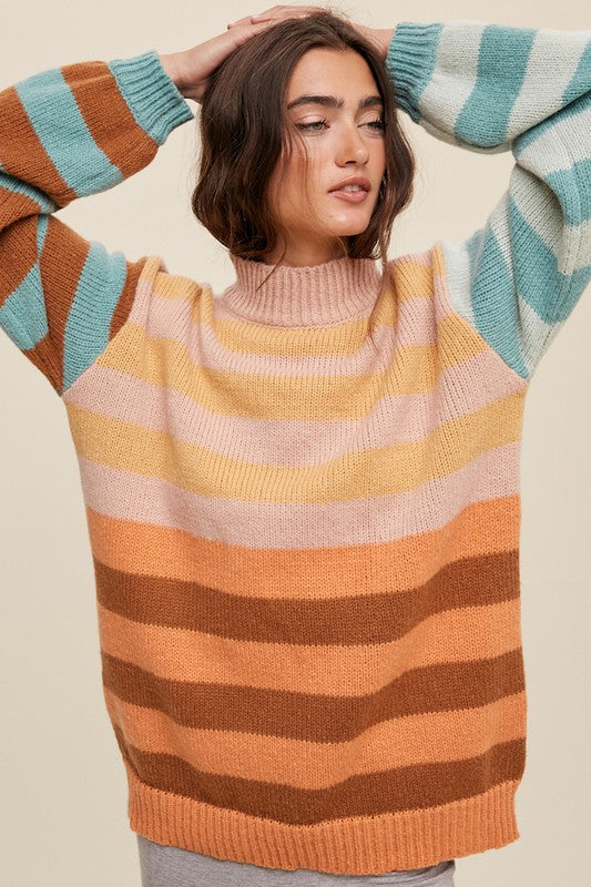 STRIPED APRICOT COLOR BLOCK MOCK NECK LOOSE FIT SWEATER