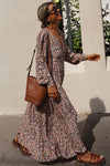 SALE-MULTICOLOR BUTTON V NECK RETRO FLORAL MAXI DRESS