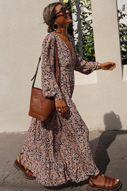 SALE-MULTICOLOR BUTTON V NECK RETRO FLORAL MAXI DRESS