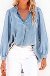 SKY BLUE BALLOON SLEEVE SLIT V-NECK DENIM TOP