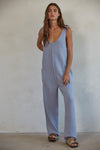 Blue knit oversized lounge overall jumpsuit