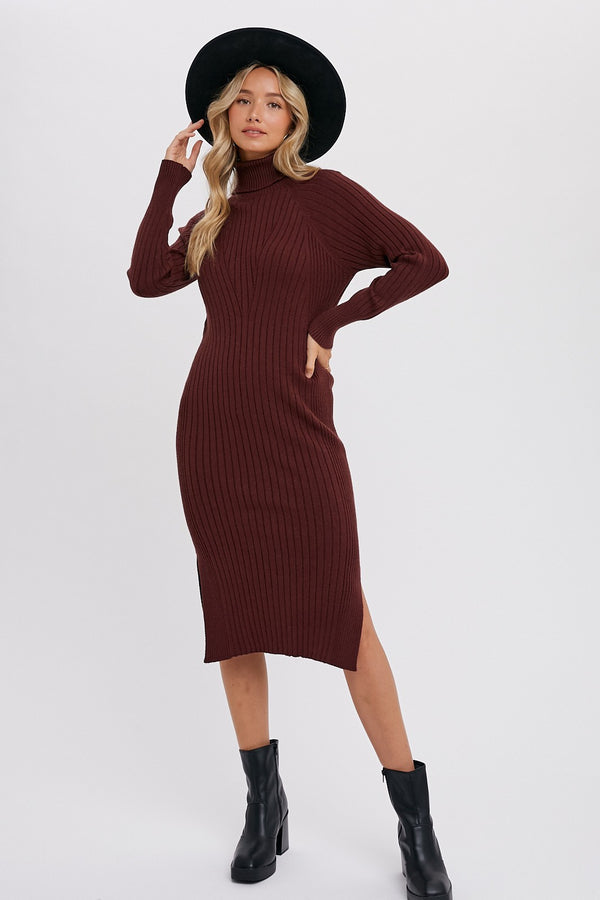 TURTLENECK RIBBED SWEATER MIDI DRESS