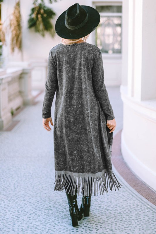 CHARCOAL FRINGE HEM POCKETED OPEN CARDIGAN