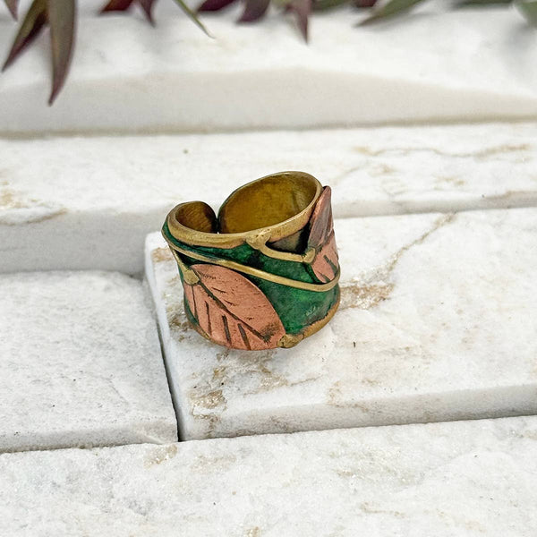 GREEN & COPPER VINE LEAF BRASS PATINA RING
