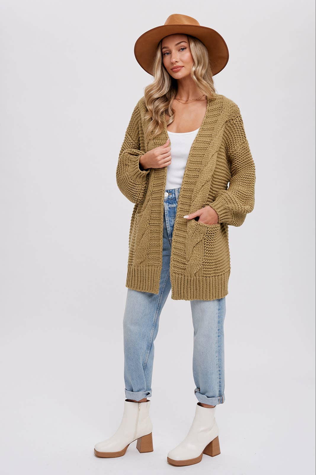 CHUNKY CABLE LANTERN SLEEVE CARDIGAN