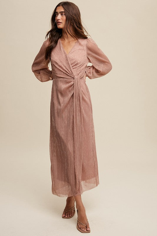 GLITTERED WRAP STYLE LONG SLEEVE MAXI DRESS-SALE