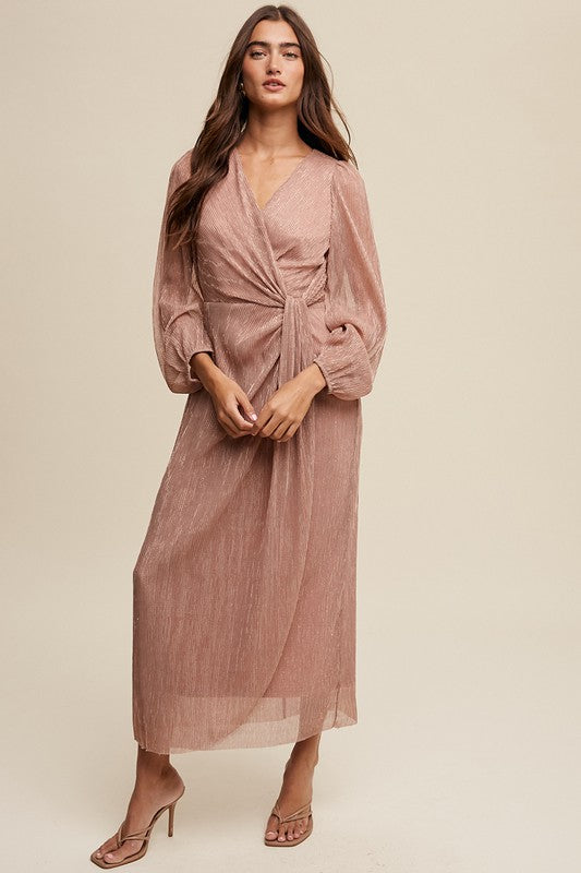 GLITTERED WRAP STYLE LONG SLEEVE MAXI DRESS-SALE