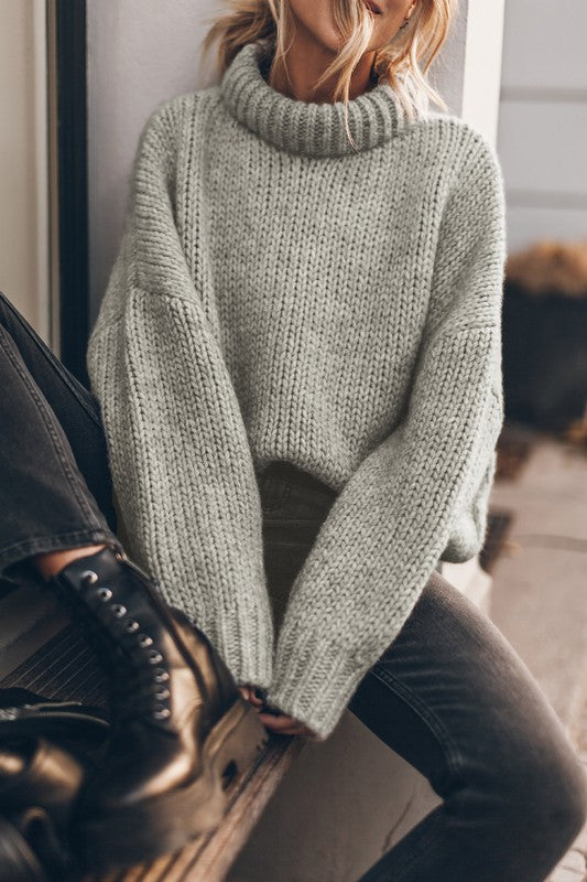 GREY CHUNKY KNIT TURTLE NECK DROP SHOULDER SWEATER