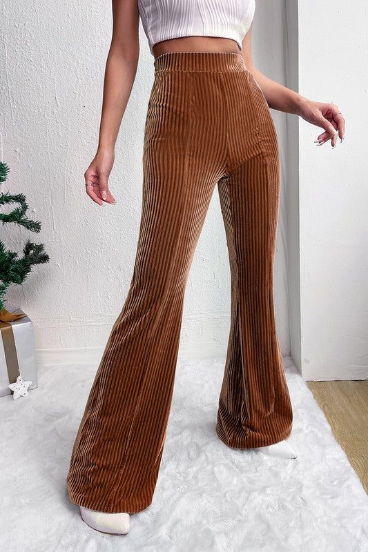 SOLID COLOR HIGH WAIST FLARE CORDUROY PANTS