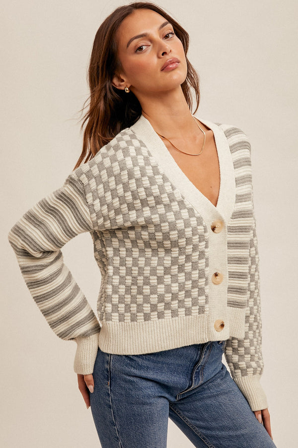 STRIPE & CHECKER MIXED CROP SWEATER CARDIGAN