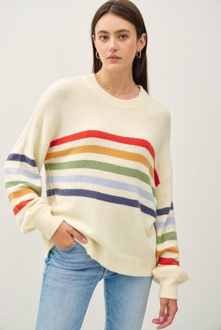 RAINBOW STRIPE BALLOON SLEEVE SWEATER