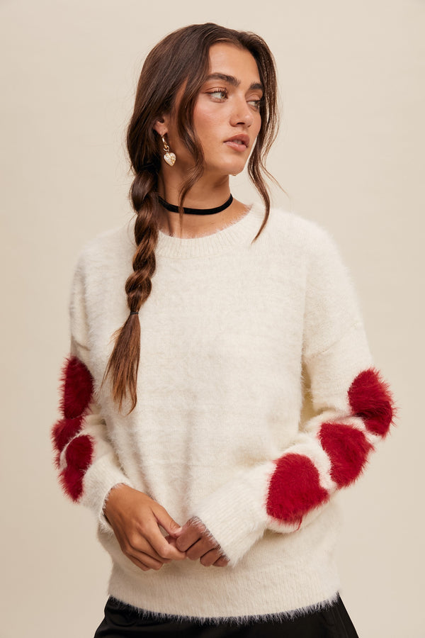 GIVE LOVE FUZZY HEART SLEEVE SWEATER