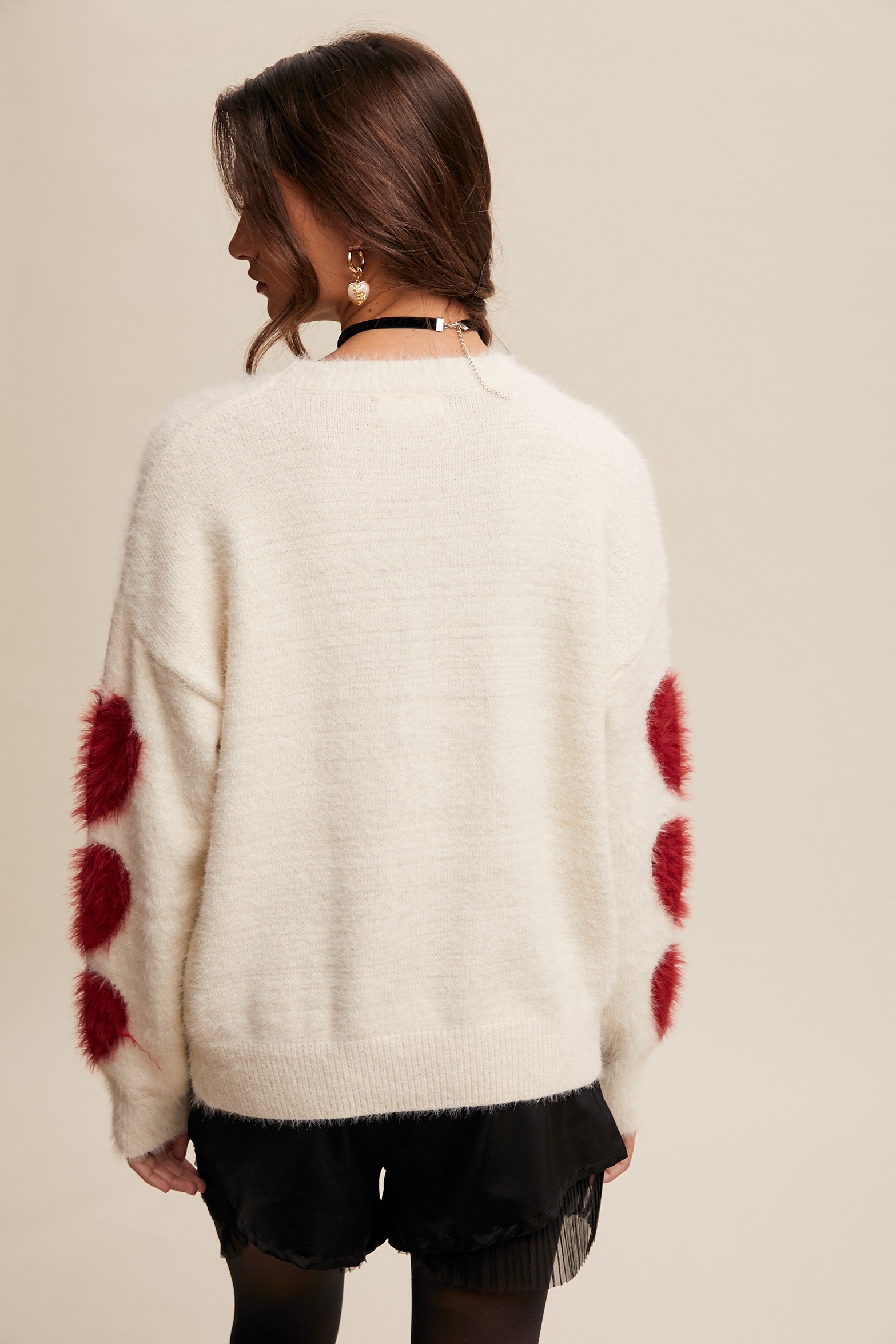 GIVE LOVE FUZZY HEART SLEEVE SWEATER