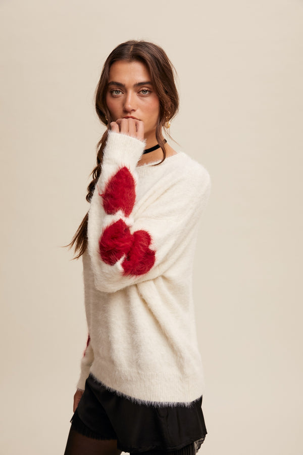 GIVE LOVE FUZZY HEART SLEEVE SWEATER