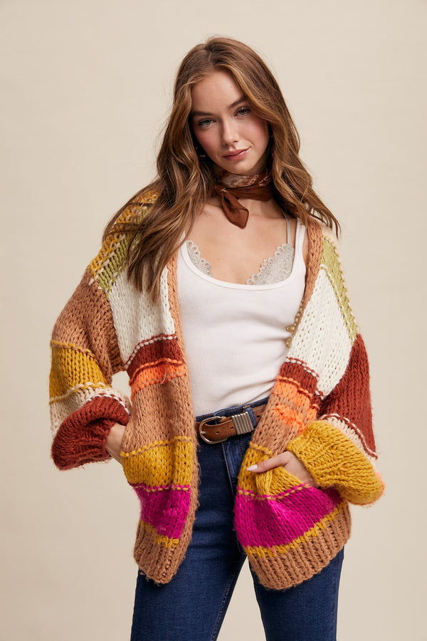 HAND KNIT MULTI STRIPED CARDIGAN